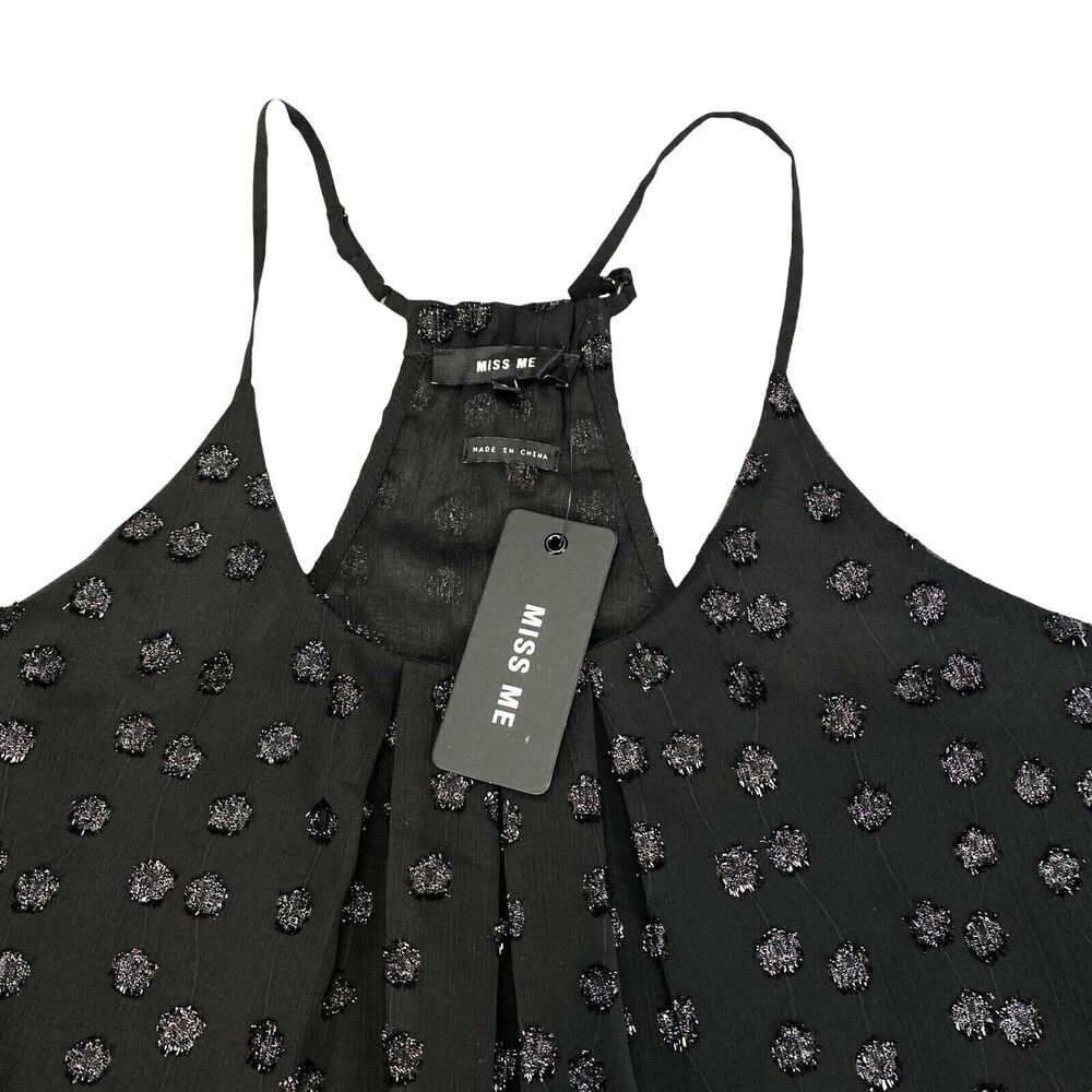Miss Me Blouse Top Women Small Black Lined Metallic Dots Pleated Spaghetti Strap